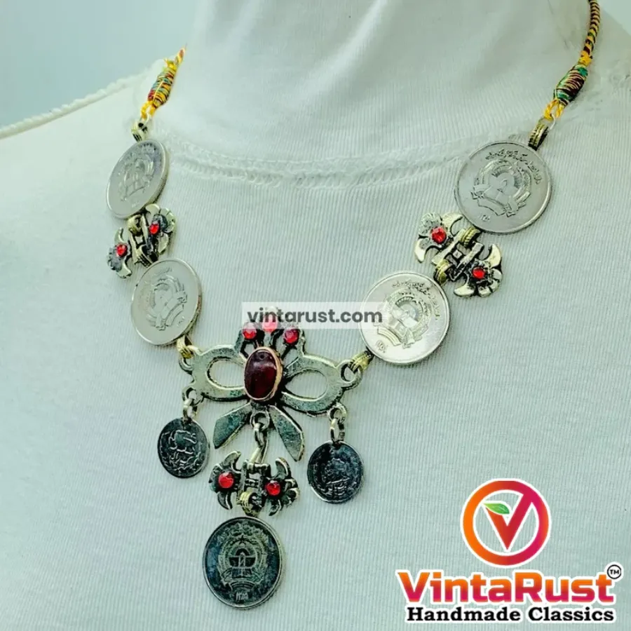 Handmade Vintage Coins Tribal Choker With Stone