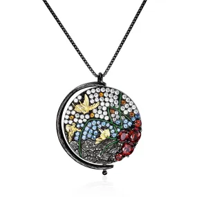 Italian Crafts Natural Style Pattern Retro Jewelry Design Inlaid Colourful Gemstones Butterfly In Garden Pendant Silver Necklace for Women