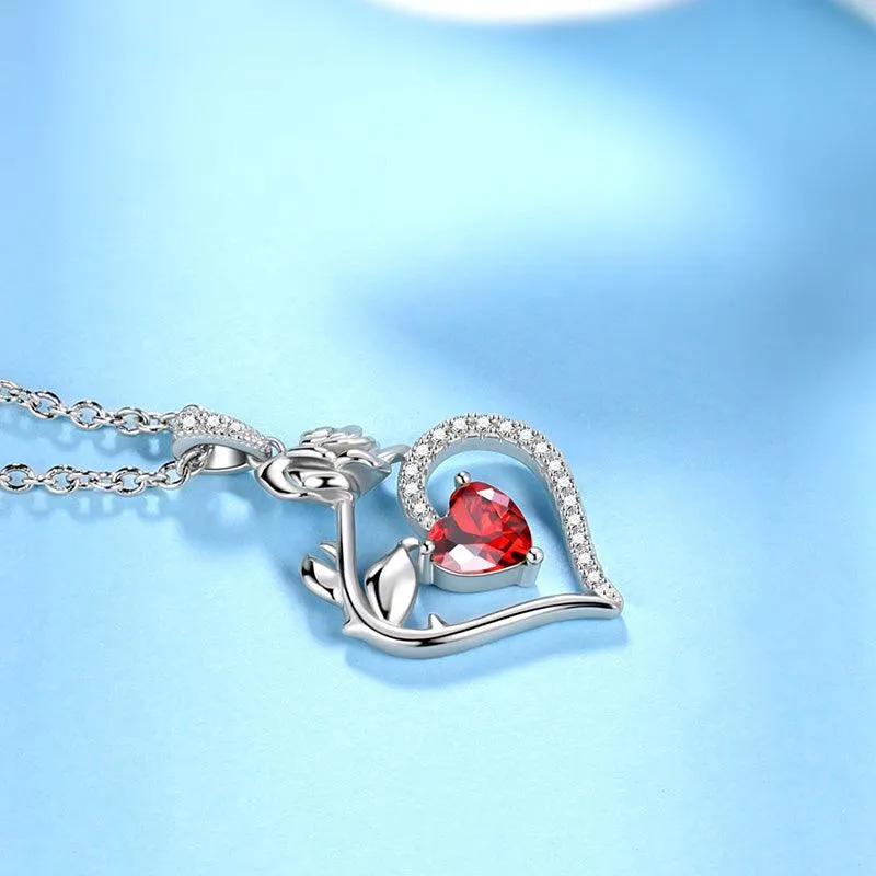 January Garnet Necklace Women Heart Birthstone Pendant Flower Rose Jewelry Birthday Gifts