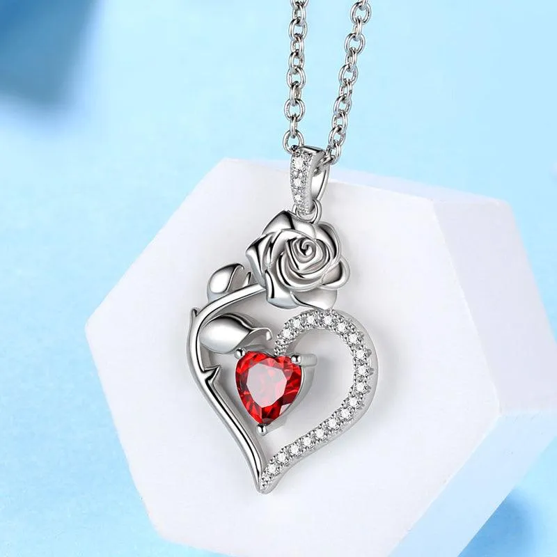 January Garnet Necklace Women Heart Birthstone Pendant Flower Rose Jewelry Birthday Gifts