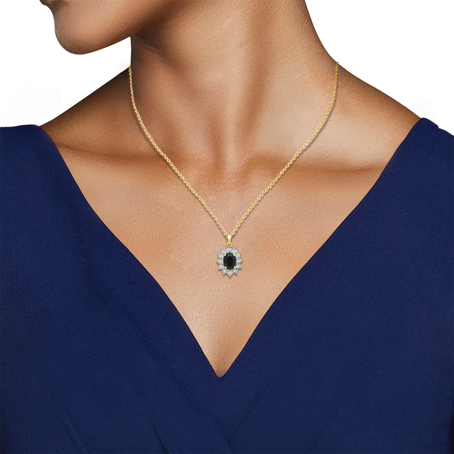 Jewelili 18K Yellow Gold over Sterling Silver 7x5 MM Oval Created Black Sapphire and 1/20 Cttw Natural White Round Diamond Pendant Necklace