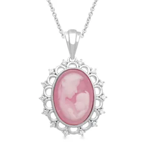 Jewelili Sterling Silver With Oval Shape Pink Cameo and Created White Sapphire Mother and Child Pendant Necklace, 18" Cable Chain