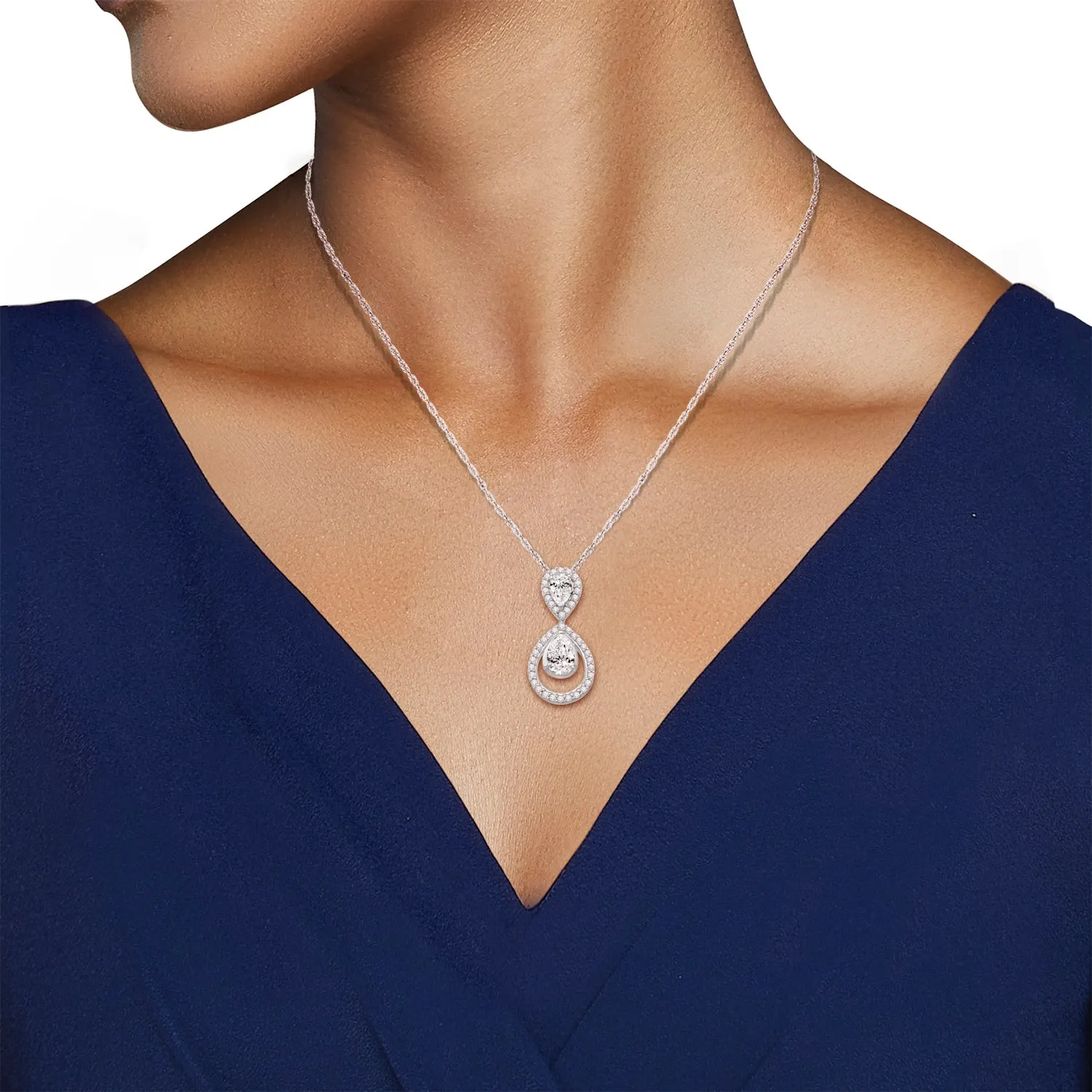 Jewelili Sterling Silver with Pear and Round Created White Sapphire Teardrop Pendant Necklace