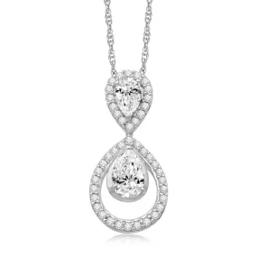 Jewelili Sterling Silver with Pear and Round Created White Sapphire Teardrop Pendant Necklace