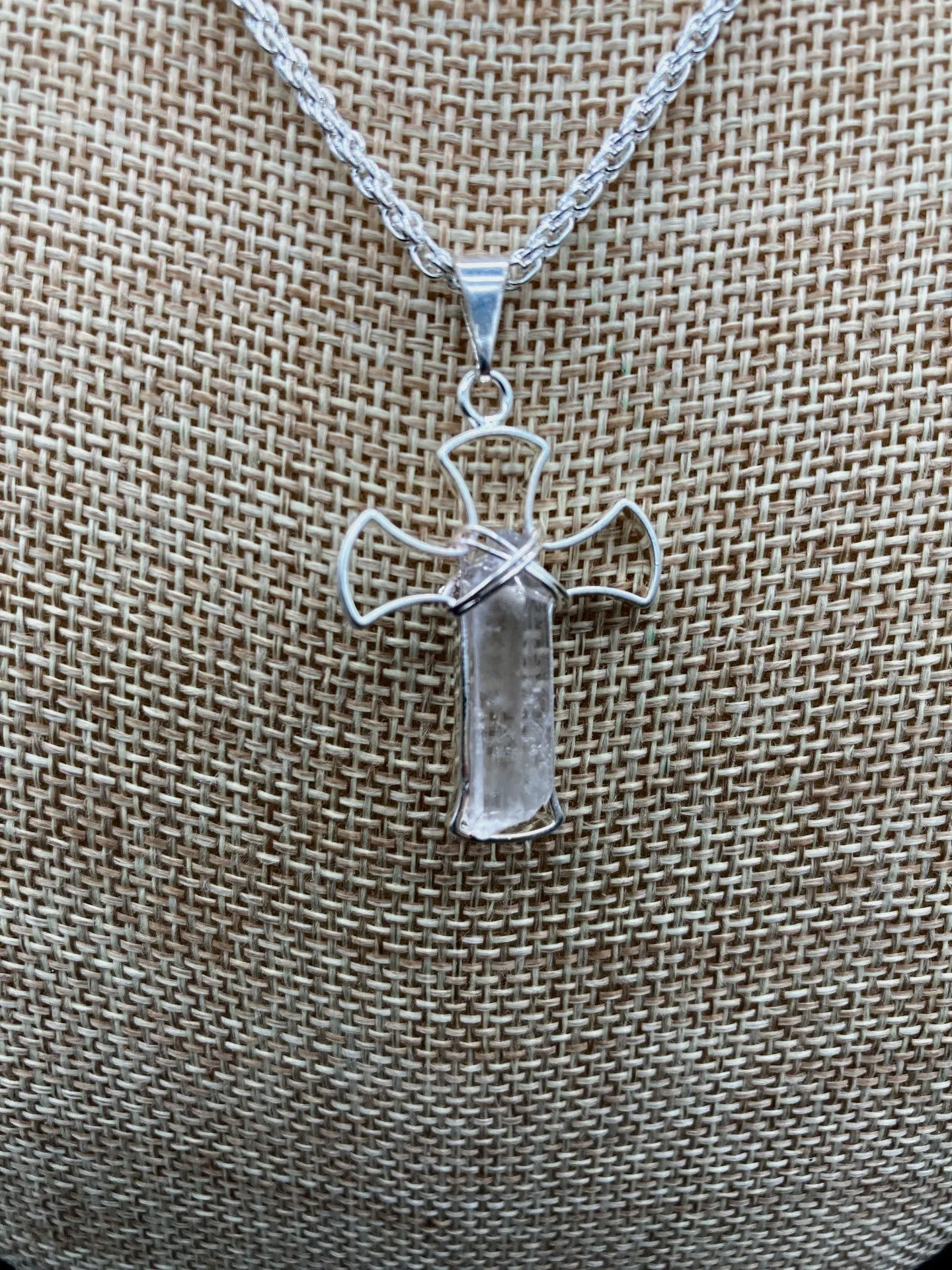 Jewelry Sterling Wire Wrapped Pendant Quartz Crystal Cross Design