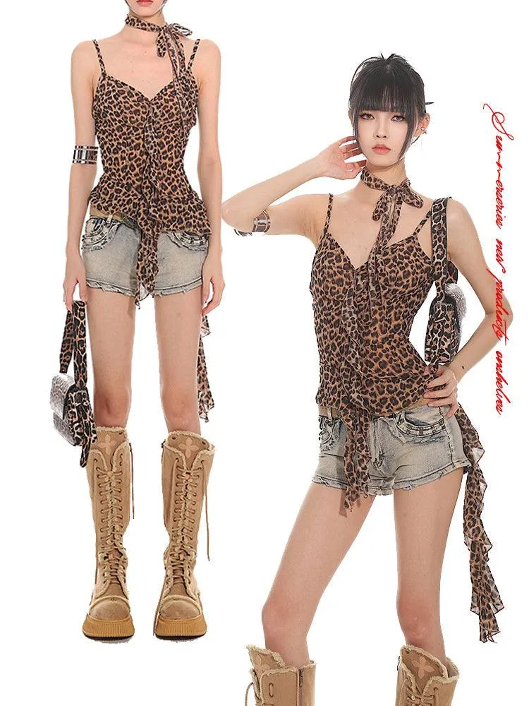 Leopard Print Asymmetric Camisole With Choker