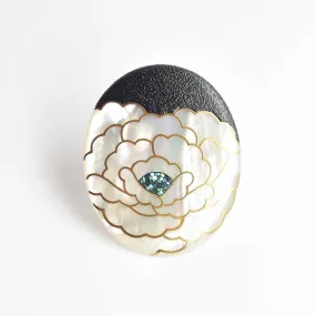 Maki-e Urushi Lacquer Brooch - White South Sea Pearl Shell / Peony -, Traditional Japanese Urushi Lacquer Jewelry