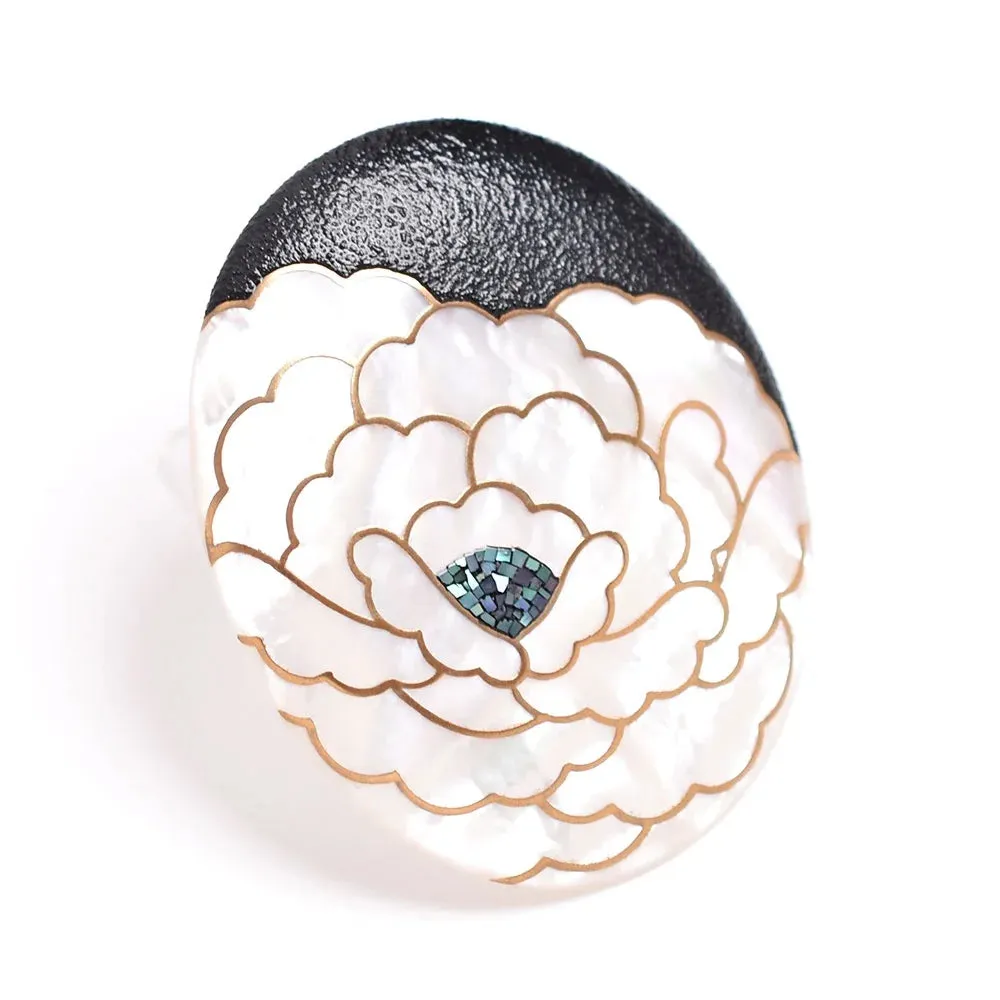 Maki-e Urushi Lacquer Brooch - White South Sea Pearl Shell / Peony -, Traditional Japanese Urushi Lacquer Jewelry