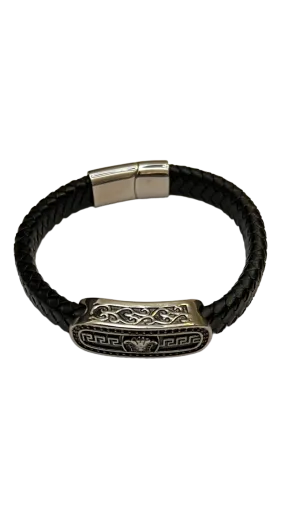 Men's Black Leather and Silver Bracelet