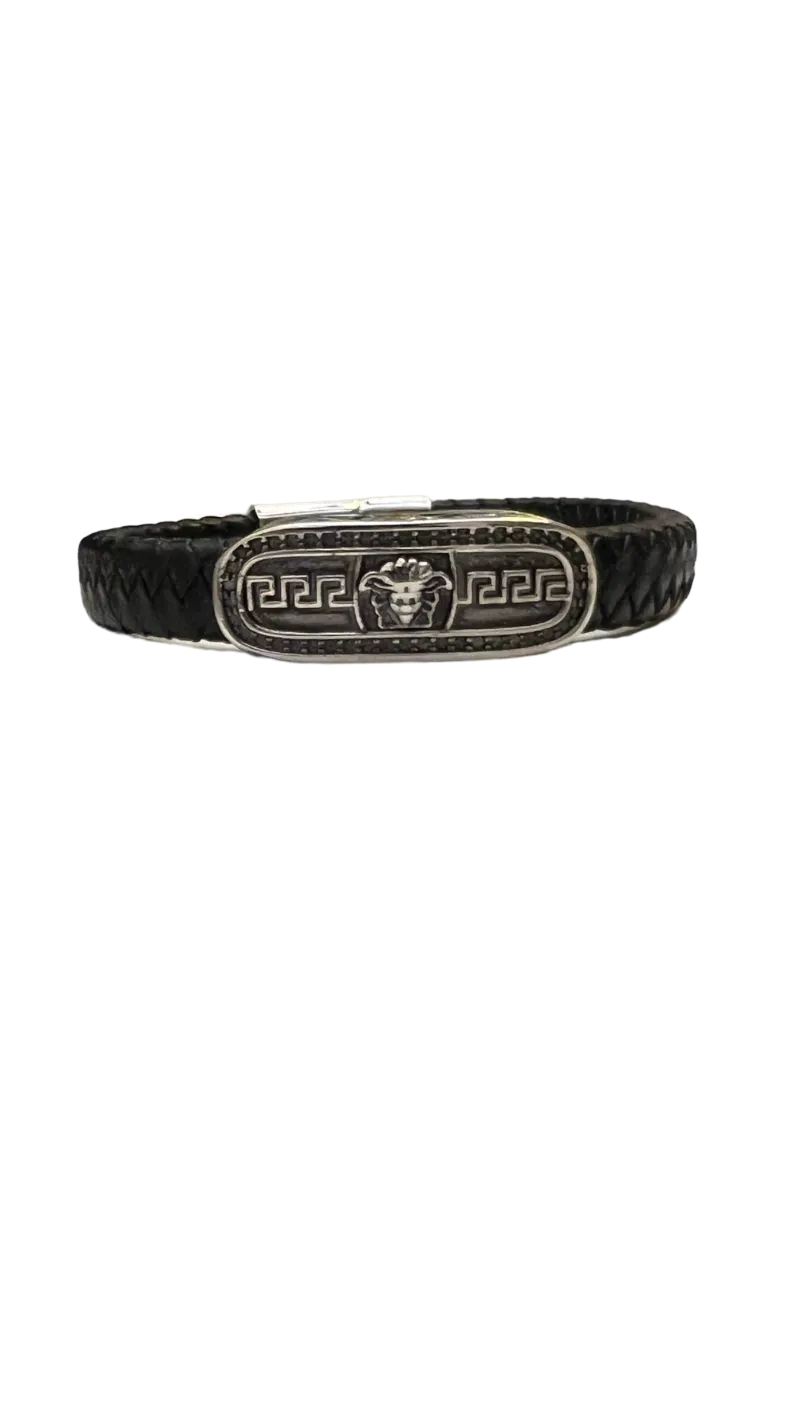 Men's Black Leather and Silver Bracelet