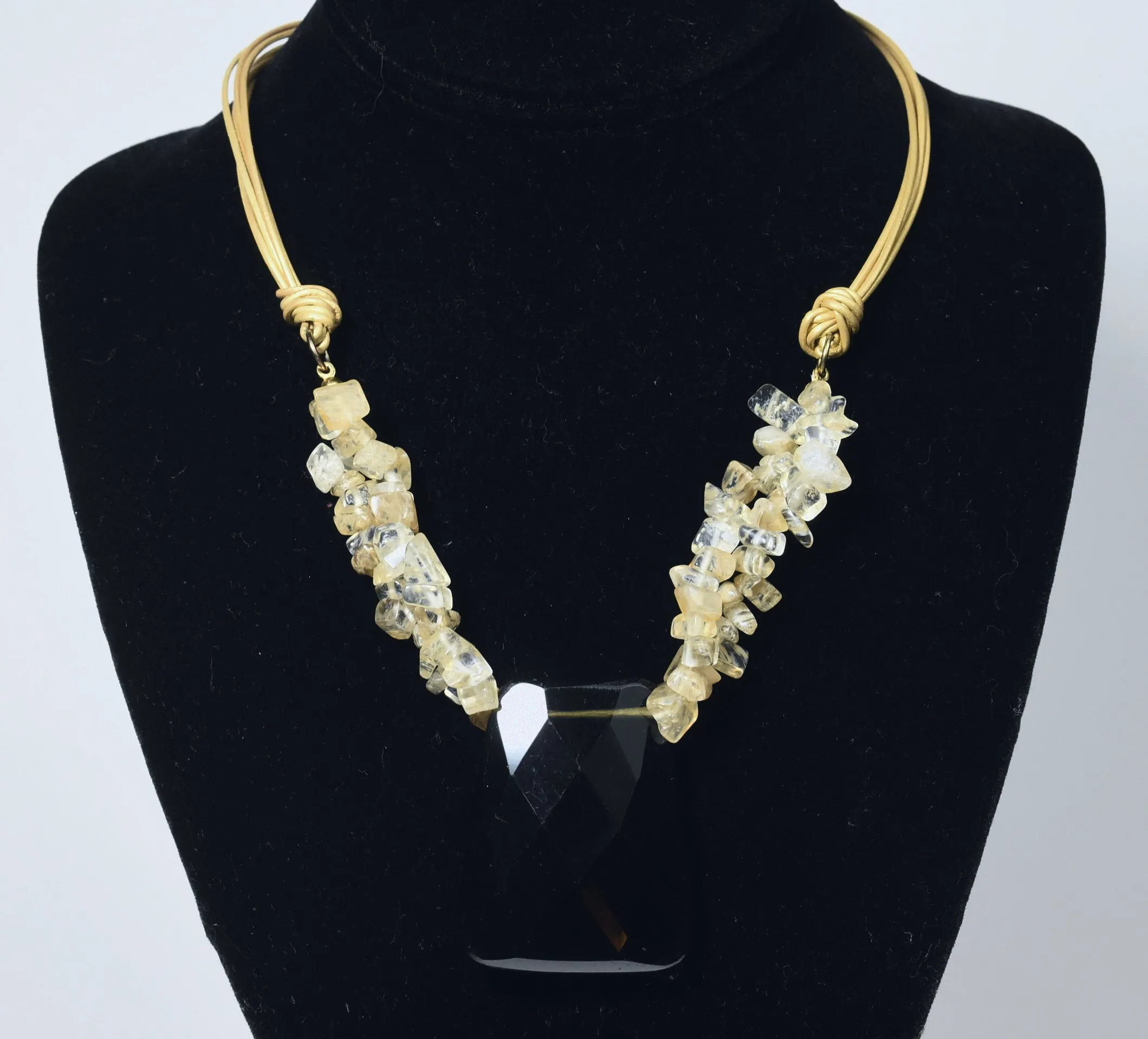 Multi-Strand Faux Golden Rutilated Quartz Nugget Bead Necklace with Faux Smoky Quartz Pendant
