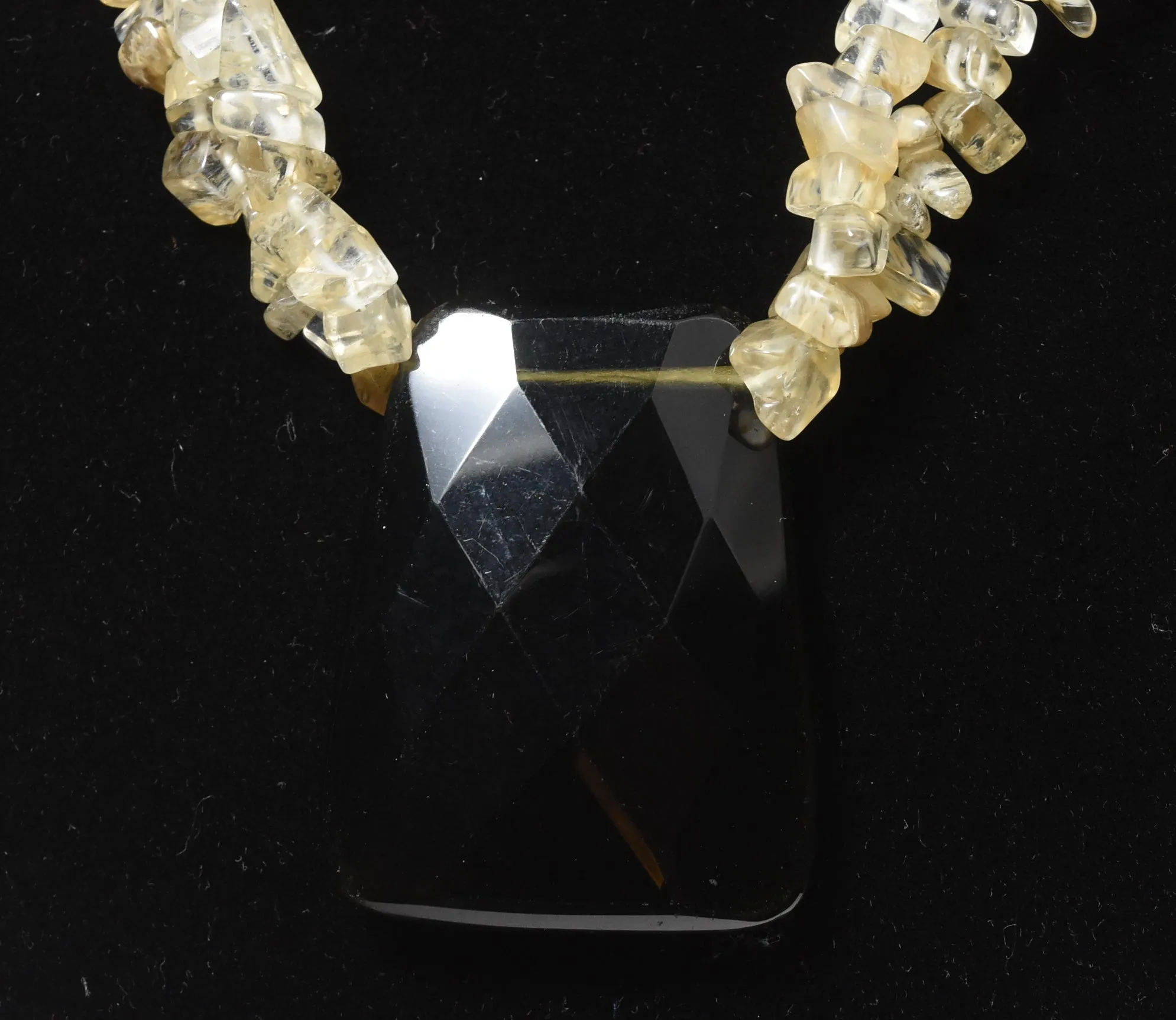 Multi-Strand Faux Golden Rutilated Quartz Nugget Bead Necklace with Faux Smoky Quartz Pendant