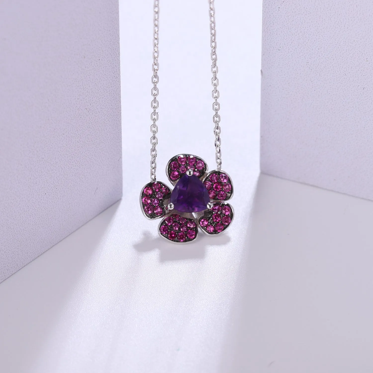 Natural Amethyst Design Colourful Gemstone Flower Pendant  Silver Necklace for Women