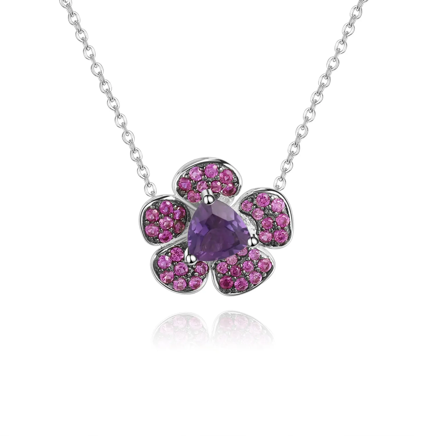 Natural Amethyst Design Colourful Gemstone Flower Pendant  Silver Necklace for Women