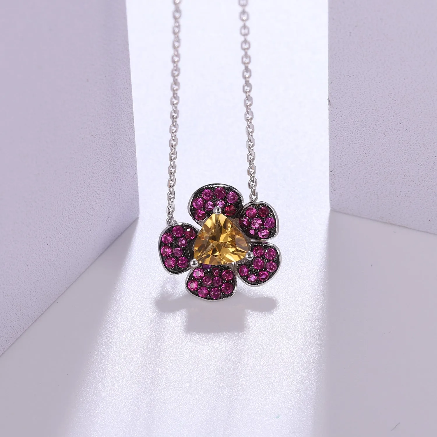 Natural Amethyst Design Colourful Gemstone Flower Pendant  Silver Necklace for Women