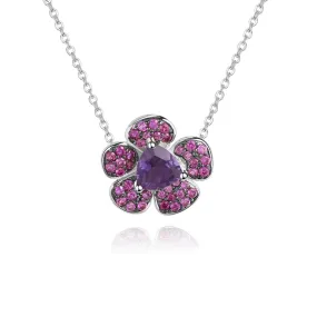 Natural Amethyst Design Colourful Gemstone Flower Pendant  Silver Necklace for Women