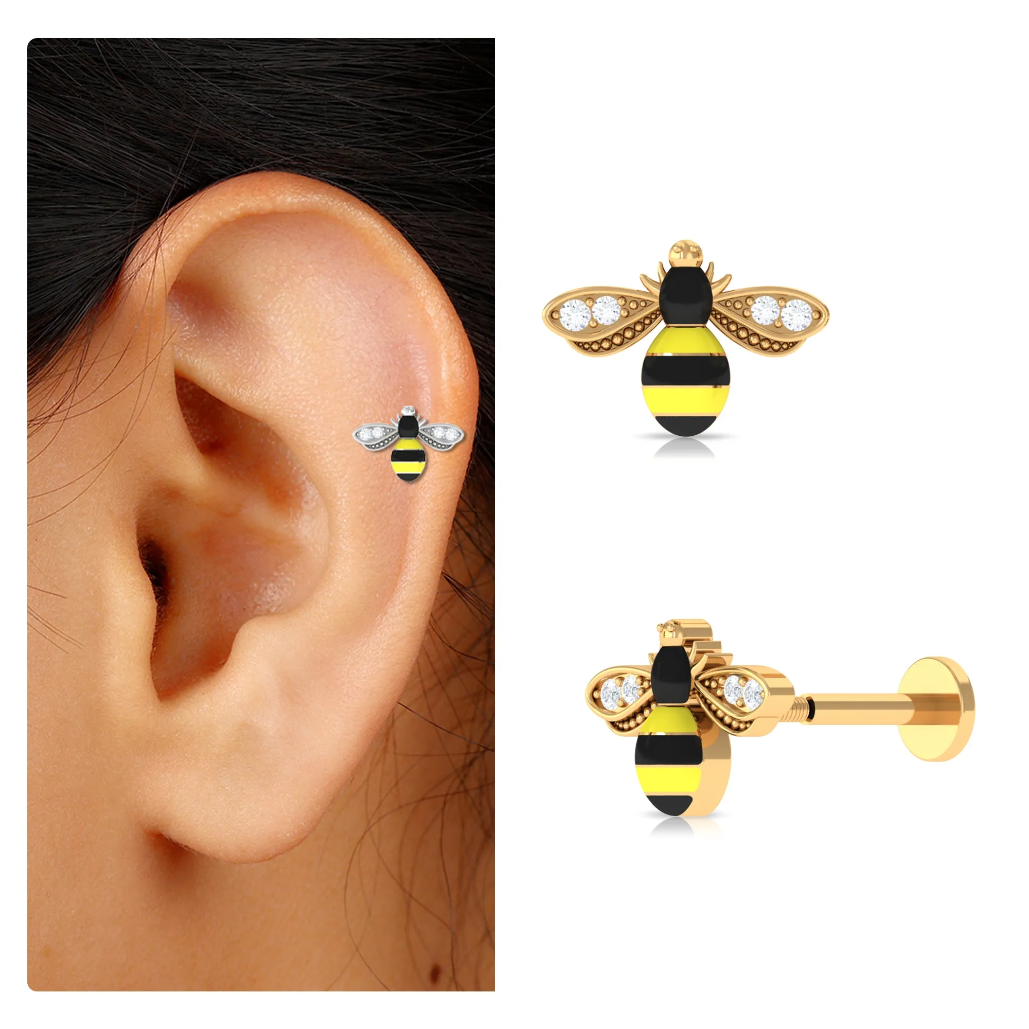 Natural Diamond Honey Bee Cartilage Earring