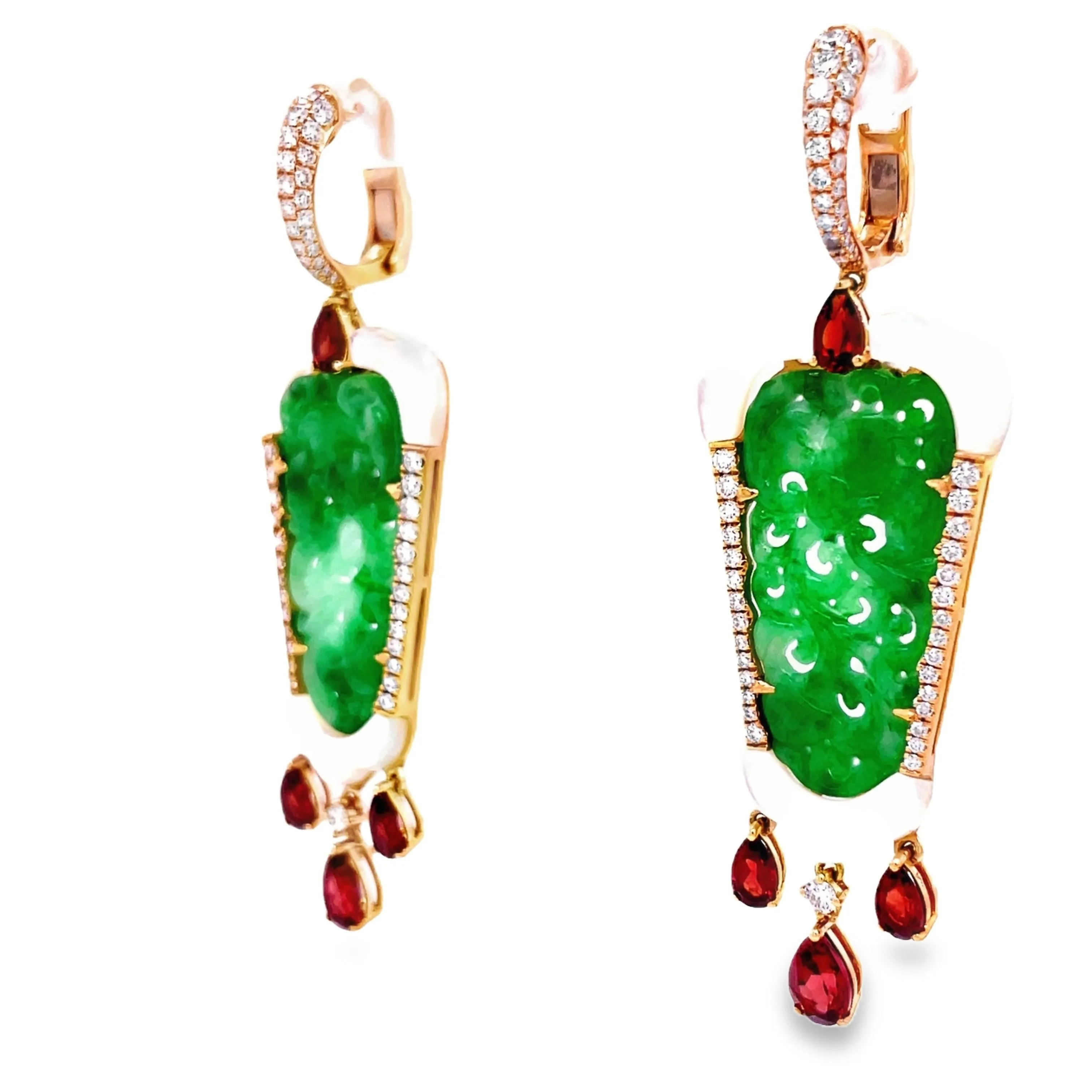 Natural Green Jade, Diamond, MOP & Garnet Drop Earrings