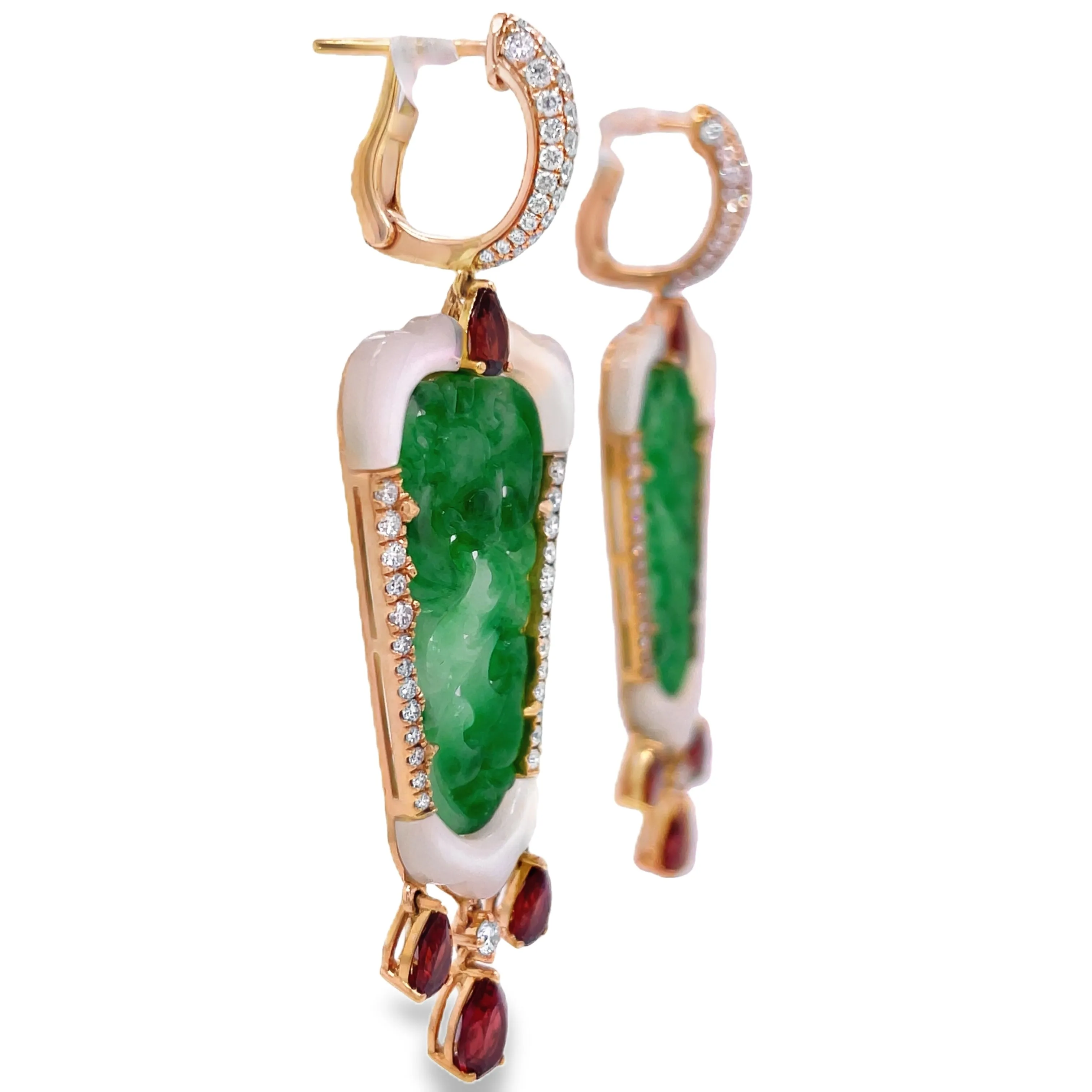 Natural Green Jade, Diamond, MOP & Garnet Drop Earrings