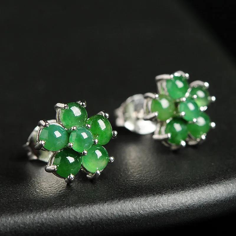 Natural Jade Earrings Jadeite Silver Flower Earrings WE4