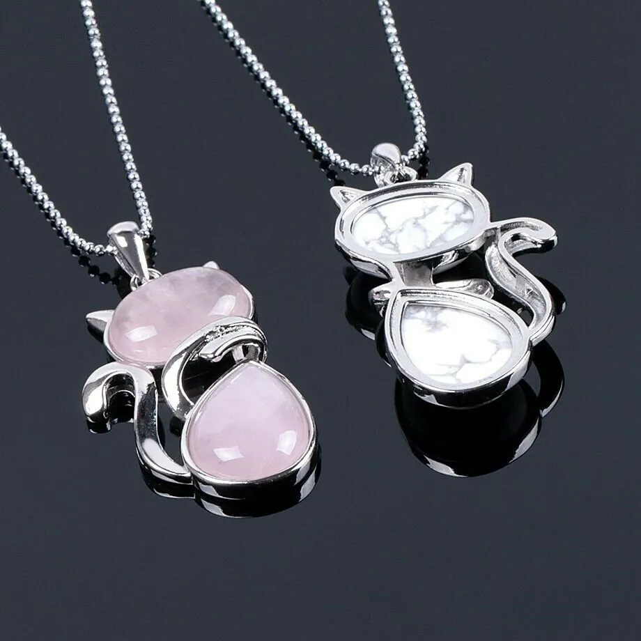 Natural Pink Rose Quartz Cat Shape Pendant Necklace 18"