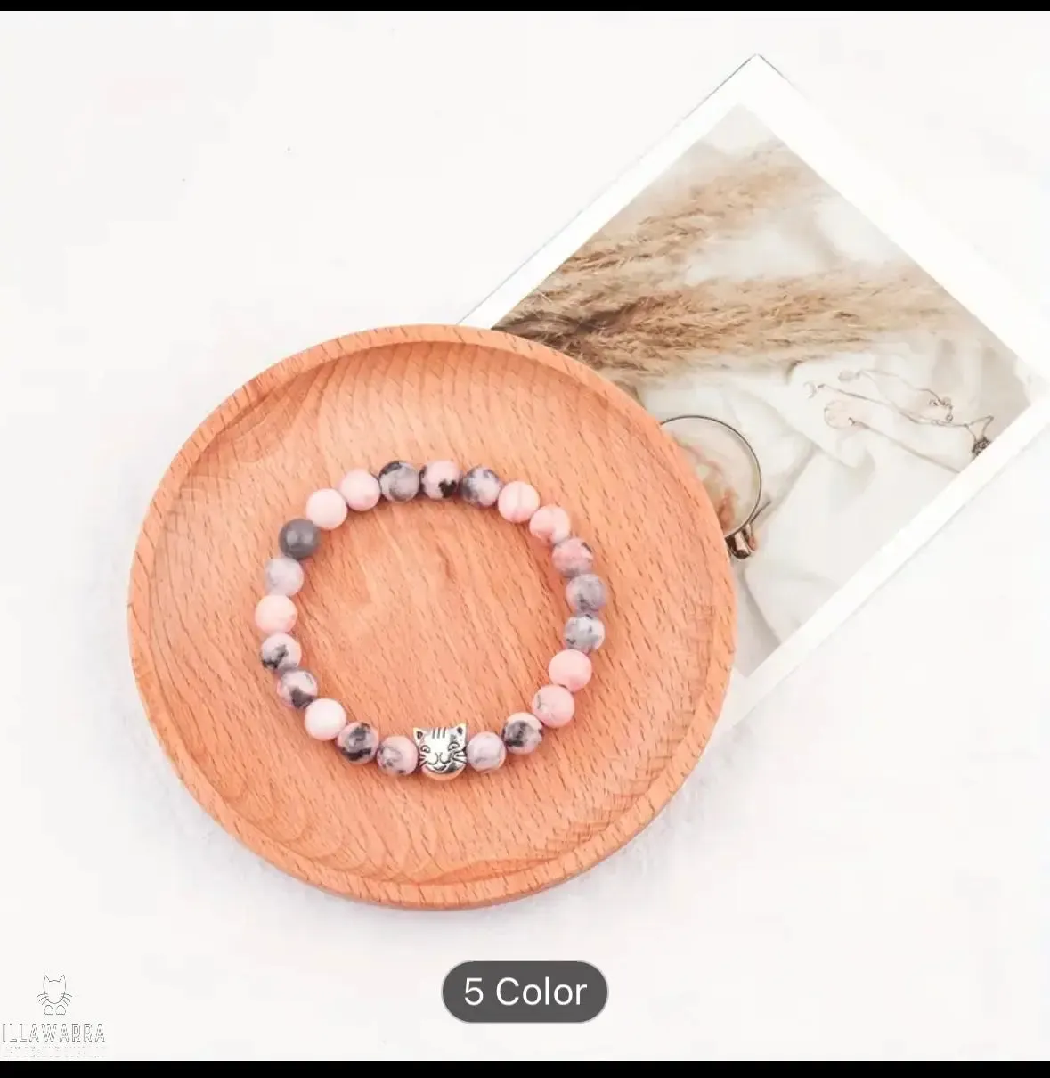 Natural Stone Cat Style Bracelet, Cute Cat Beaded Stretch Jewelry,