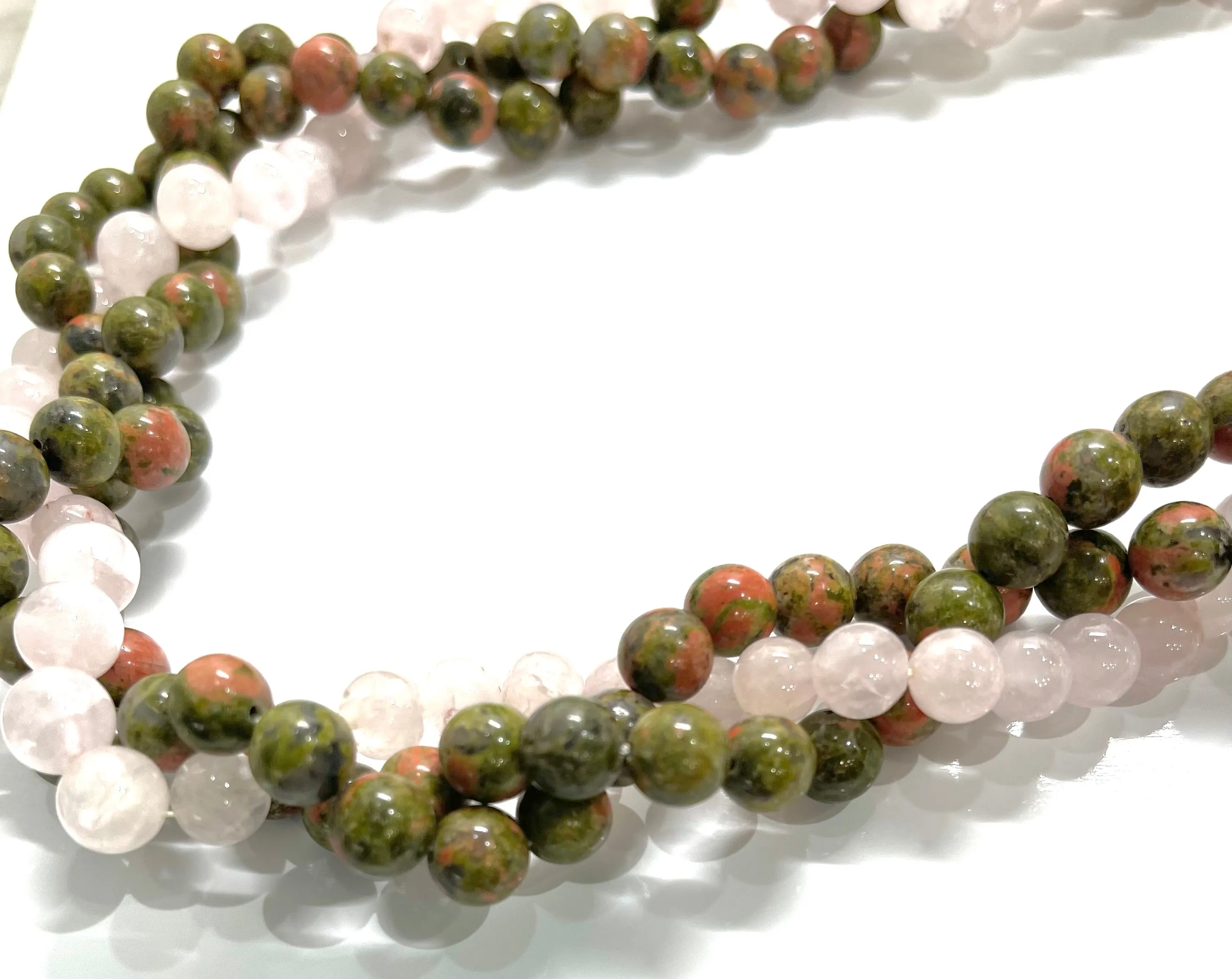 Natural Unakite and Rose Quartz Gemstone Triple-Strand Statement Necklace 24"
