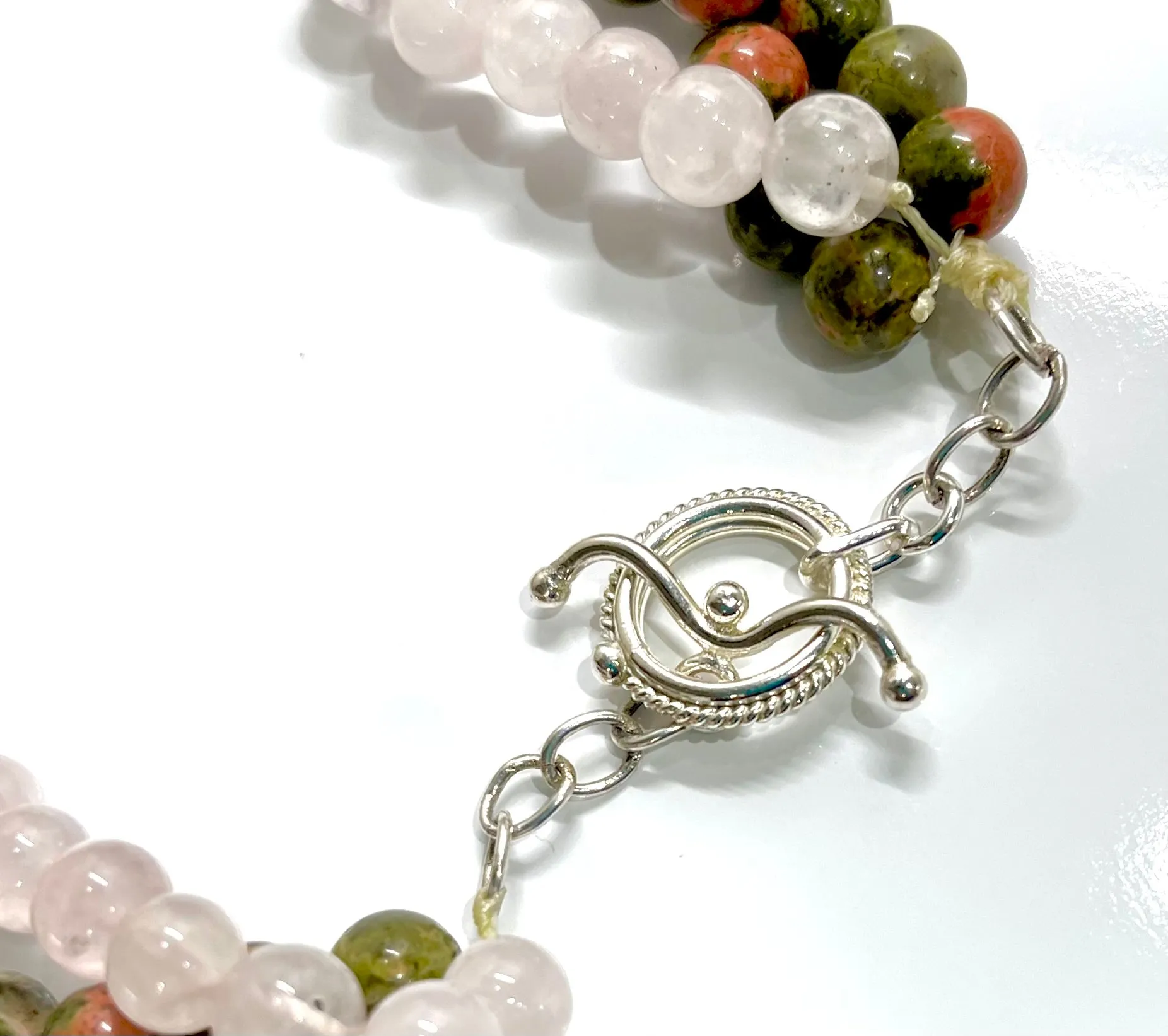 Natural Unakite and Rose Quartz Gemstone Triple-Strand Statement Necklace 24"