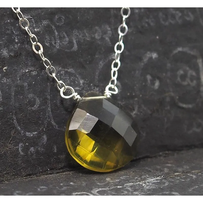 Olive Quartz Necklace On Sterling Silver Chain With Sterling Silver Trigger Clasp