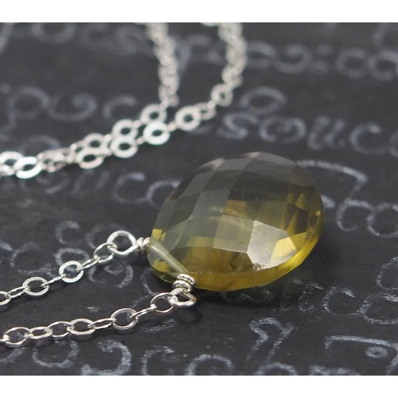 Olive Quartz Necklace On Sterling Silver Chain With Sterling Silver Trigger Clasp