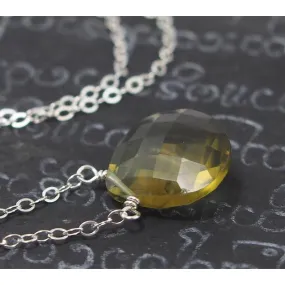 Olive Quartz Necklace On Sterling Silver Chain With Sterling Silver Trigger Clasp
