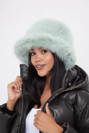 Oversized Fuzzy Fur bucket hat in Mint Green