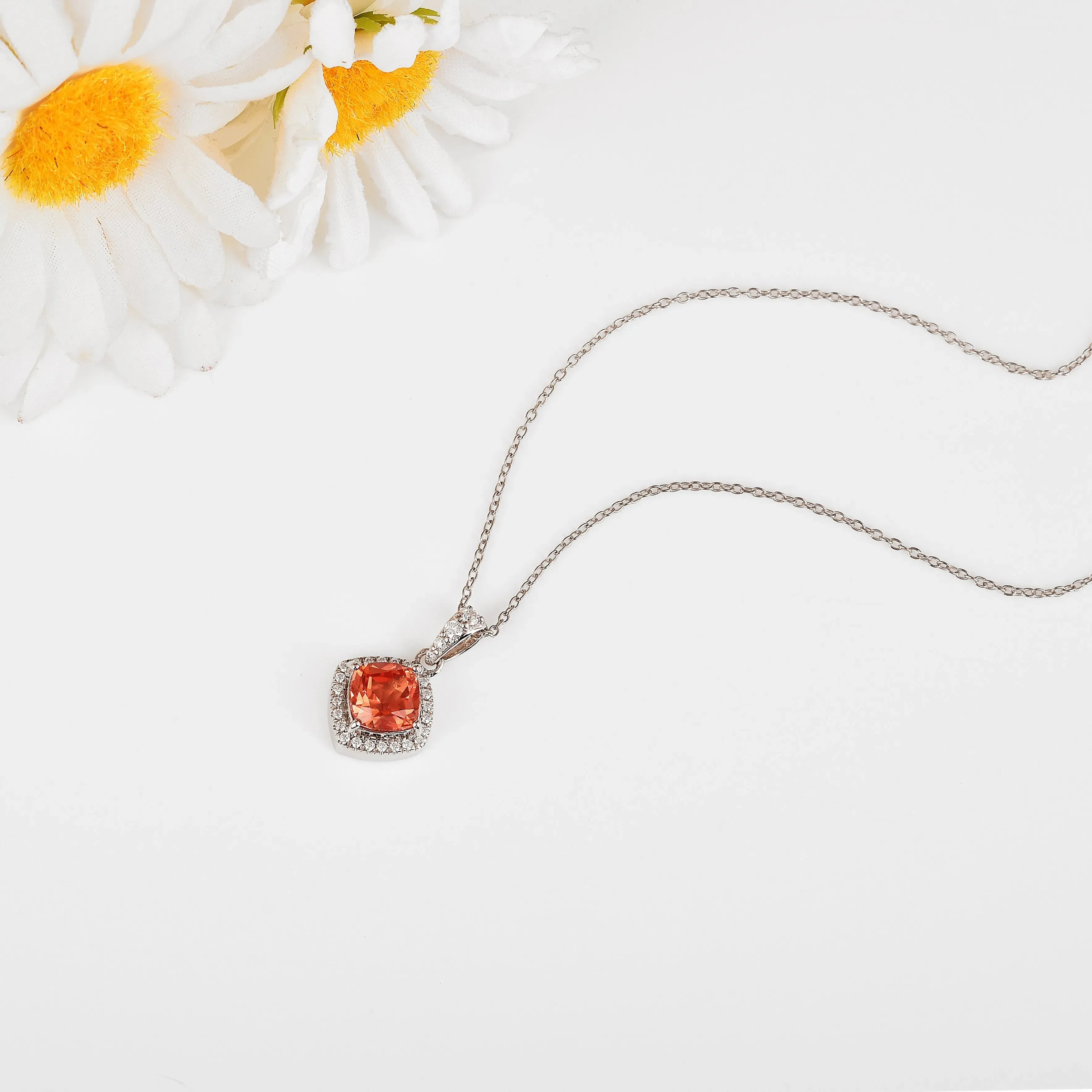 Peach Sapphire Cushion Pendant Necklace