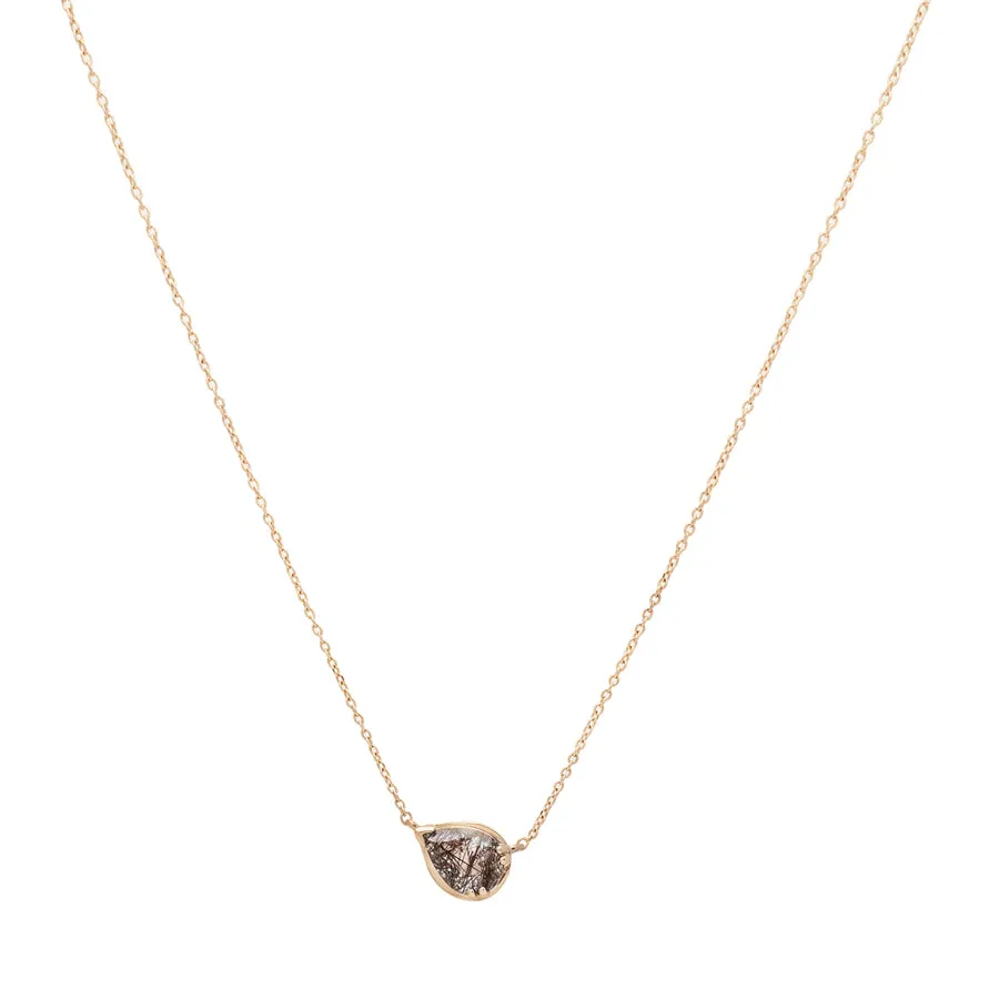 Petite Pear Luna Necklace - Yellow Gold & Black Rutilated Quartz
