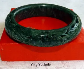 "Mei" Beautiful Flowers Dynasty Carved Deep Green Jade Bangle 58.5mm (DC125)