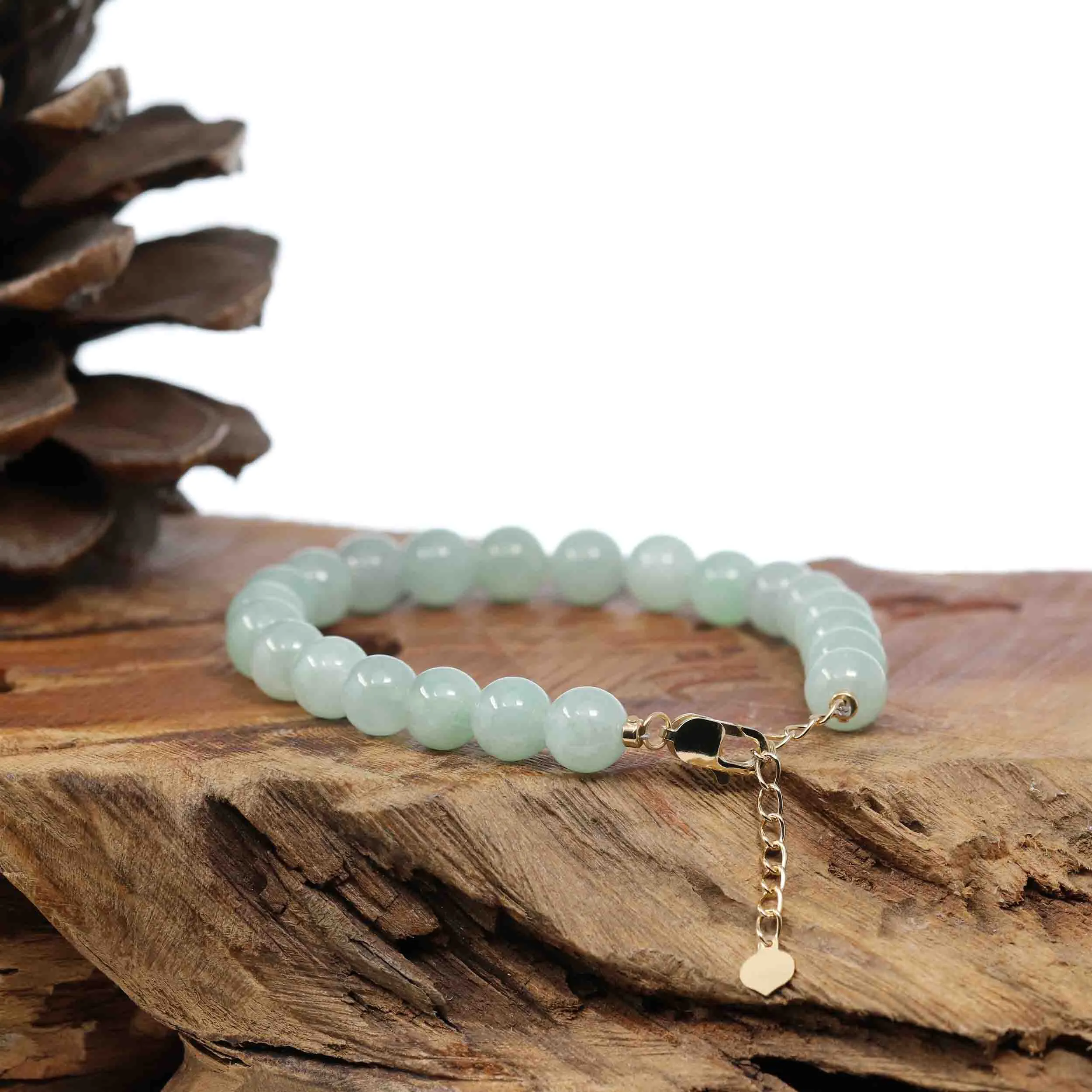 RealJade Co.® Genuine Green Jadeite Jade Bead Bracelet With 18K Yellow Gold Clasp ( 7.5 mm )
