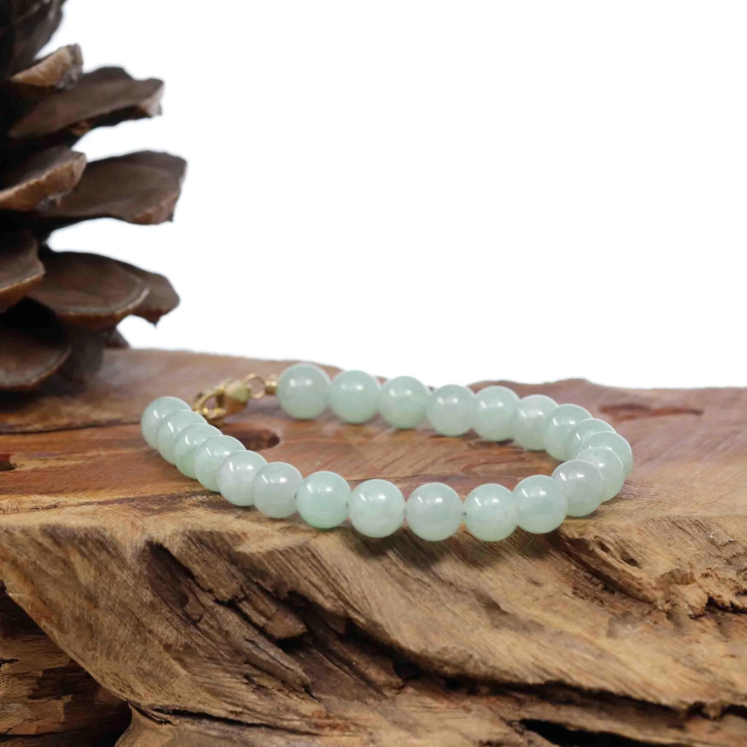 RealJade Co.® Genuine Green Jadeite Jade Bead Bracelet With 18K Yellow Gold Clasp ( 7.5 mm )