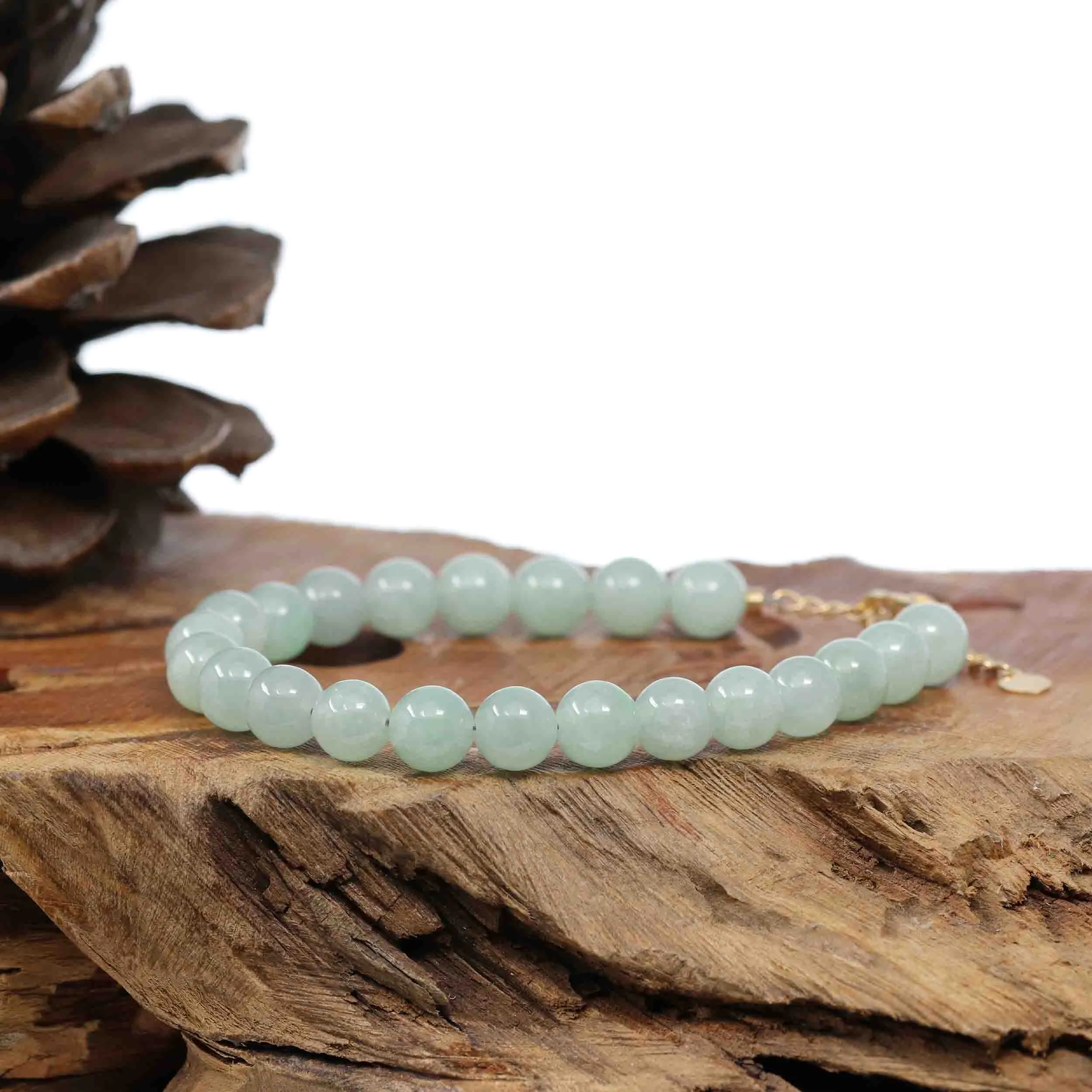 RealJade Co.® Genuine Green Jadeite Jade Bead Bracelet With 18K Yellow Gold Clasp ( 7.5 mm )
