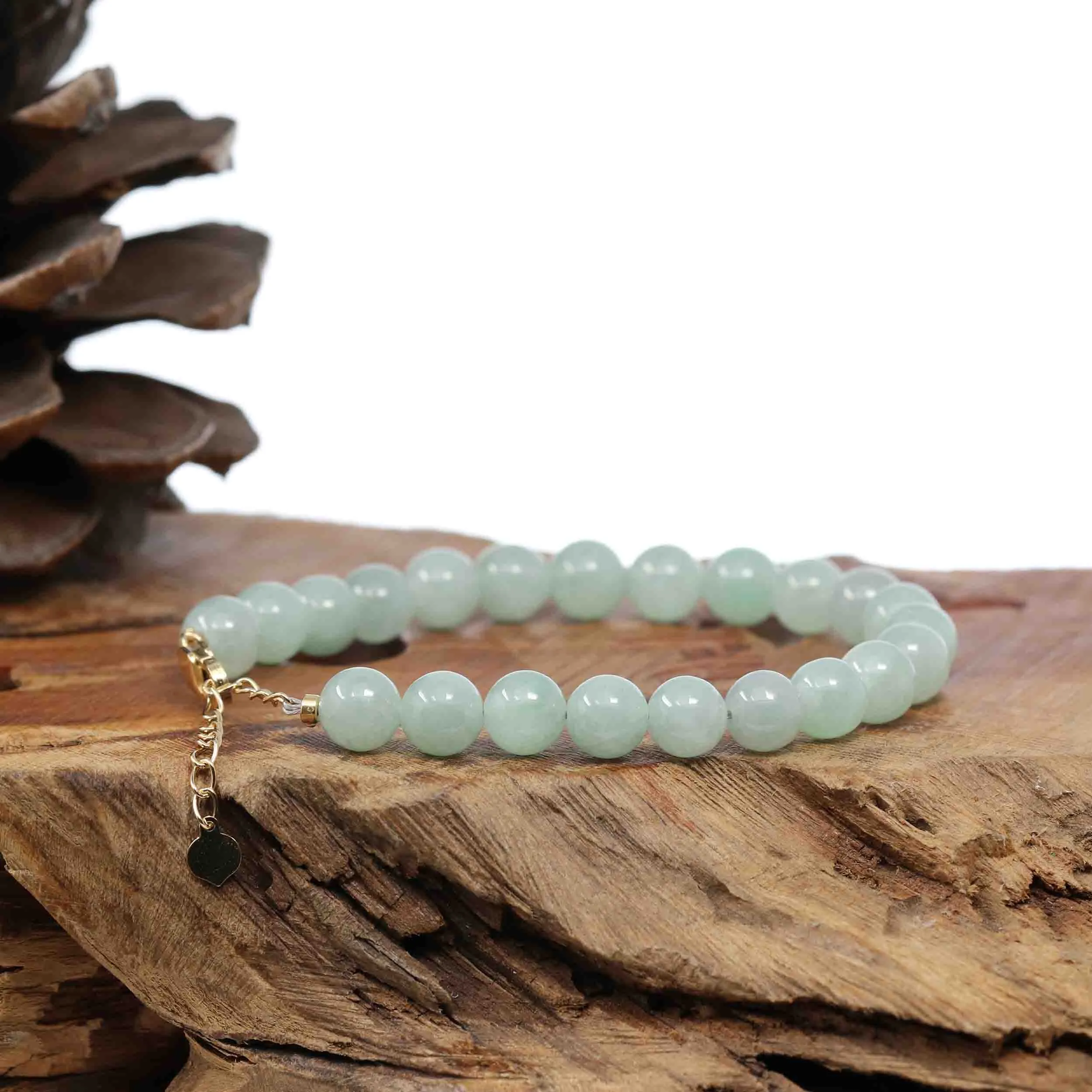 RealJade Co.® Genuine Green Jadeite Jade Bead Bracelet With 18K Yellow Gold Clasp ( 7.5 mm )