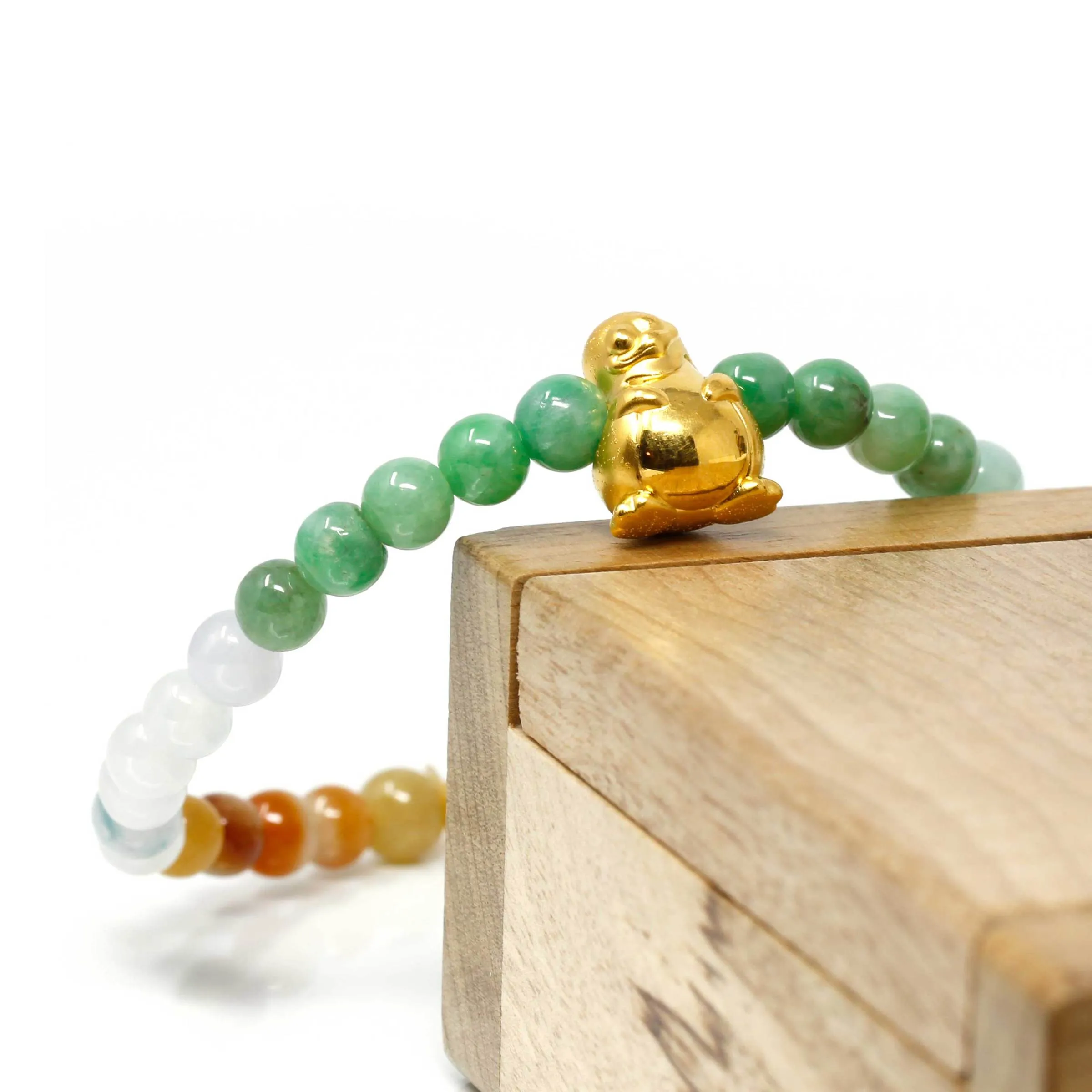 RealJade® "Penguin" Multi-Colored Genuine High-quality Jade Jadeite Bracelet Bangle with 24k Yellow Gold Penguin Charm Colorful #409