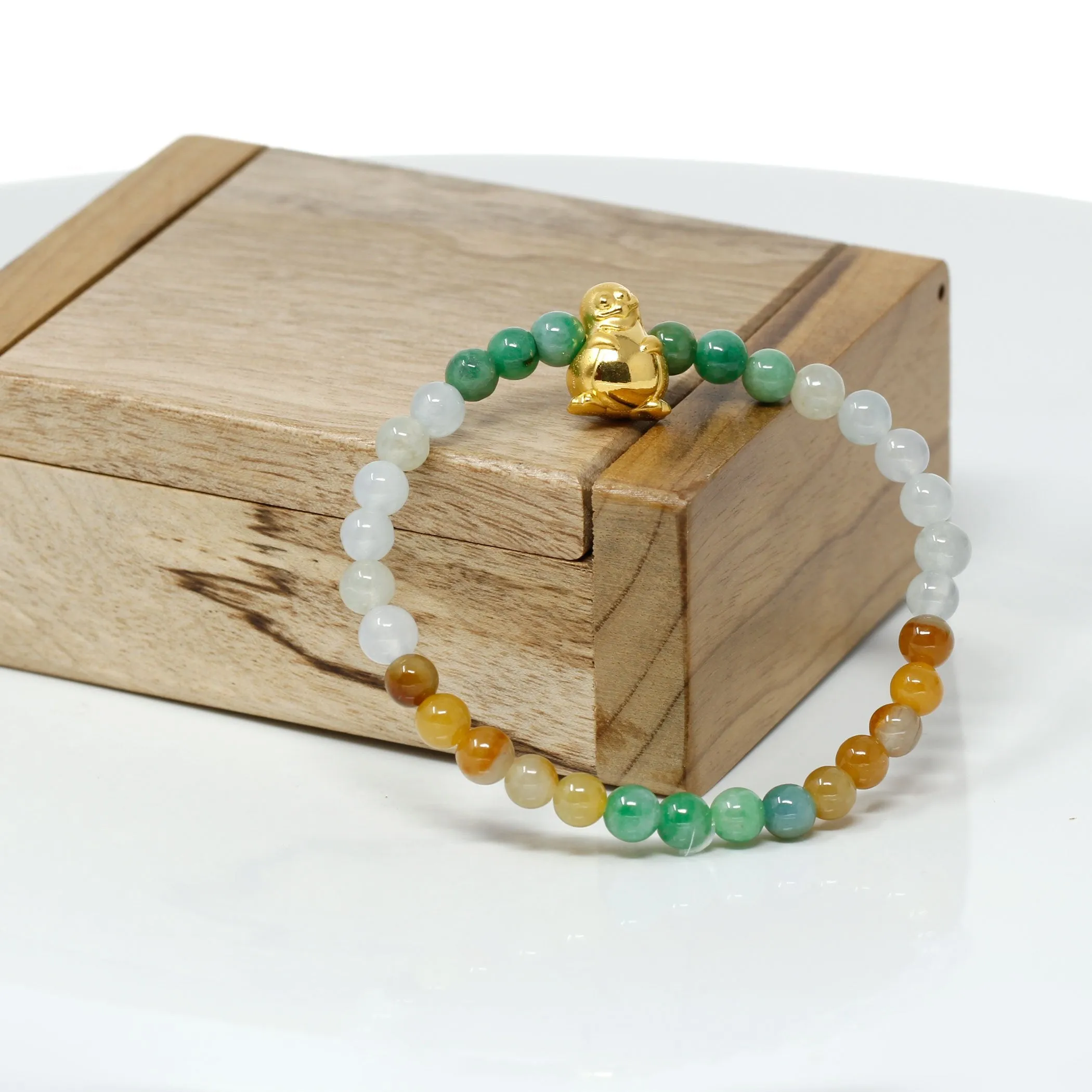 RealJade® "Penguin" Multi-Colored Genuine High-quality Jade Jadeite Bracelet Bangle with 24k Yellow Gold Penguin Charm Colorful #409