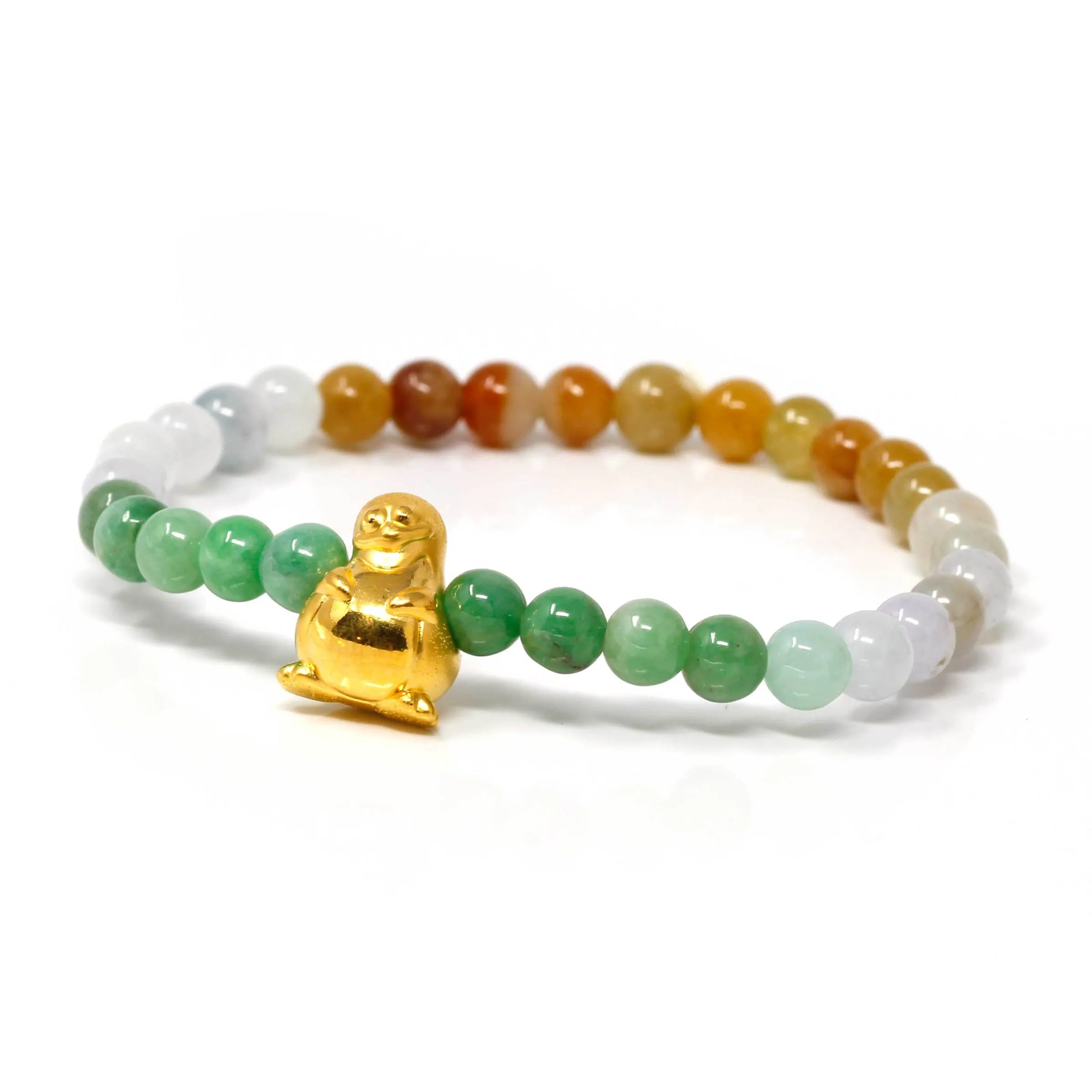 RealJade® "Penguin" Multi-Colored Genuine High-quality Jade Jadeite Bracelet Bangle with 24k Yellow Gold Penguin Charm Colorful #409