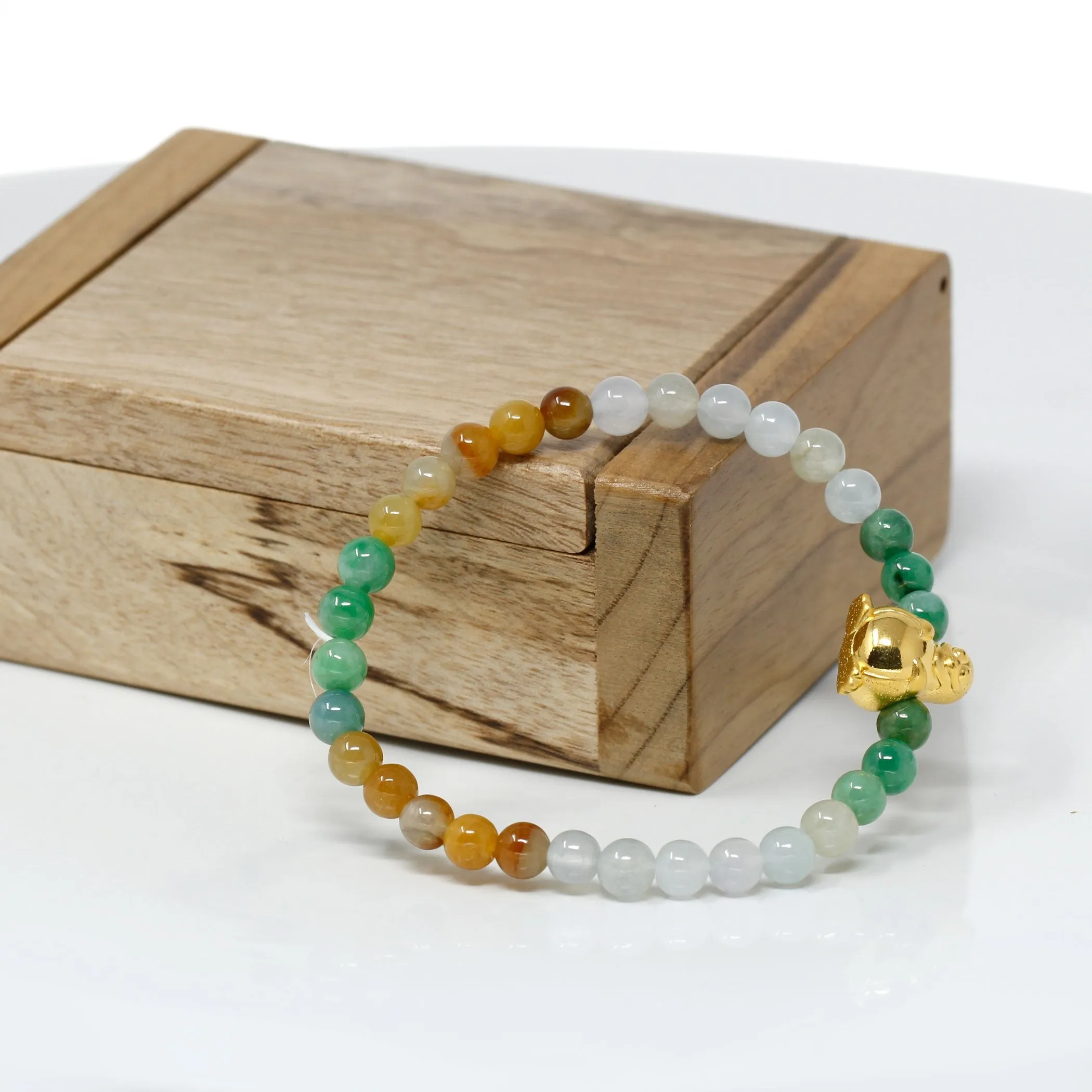 RealJade® "Penguin" Multi-Colored Genuine High-quality Jade Jadeite Bracelet Bangle with 24k Yellow Gold Penguin Charm Colorful #409