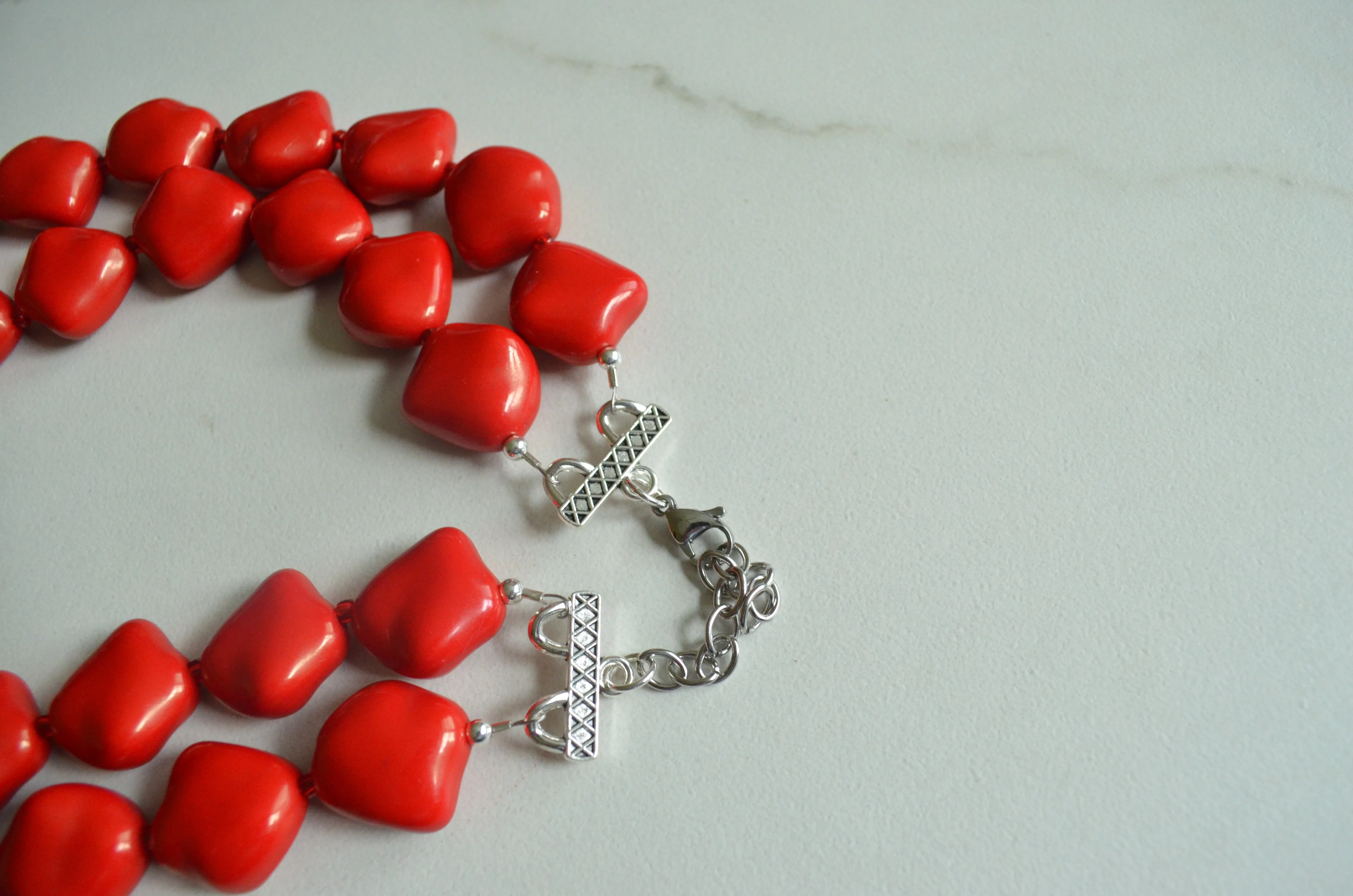 Red Acrylic Beaded Lucite Chunky Multi Strand Statement Necklace - Callie