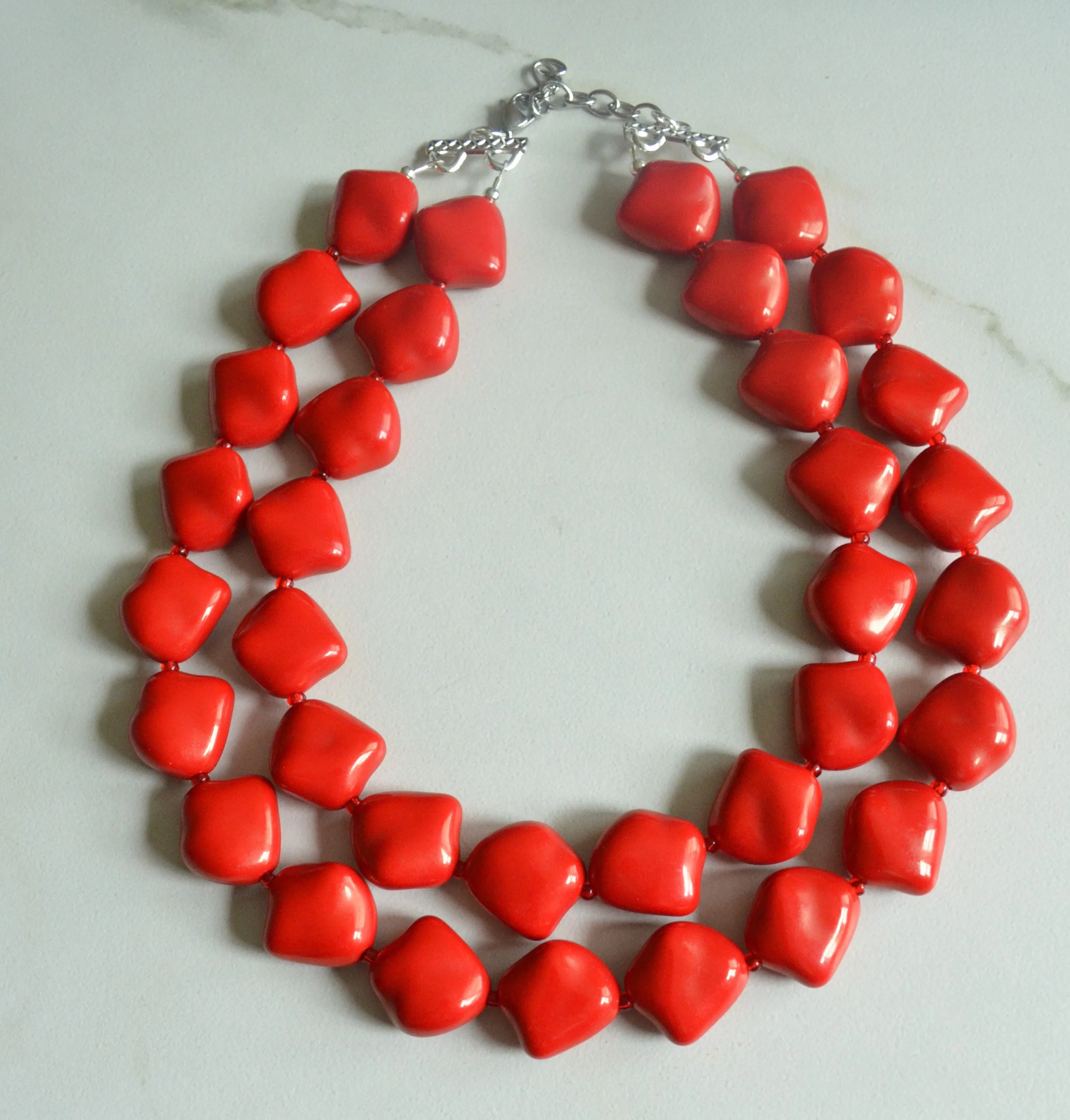 Red Acrylic Beaded Lucite Chunky Multi Strand Statement Necklace - Callie