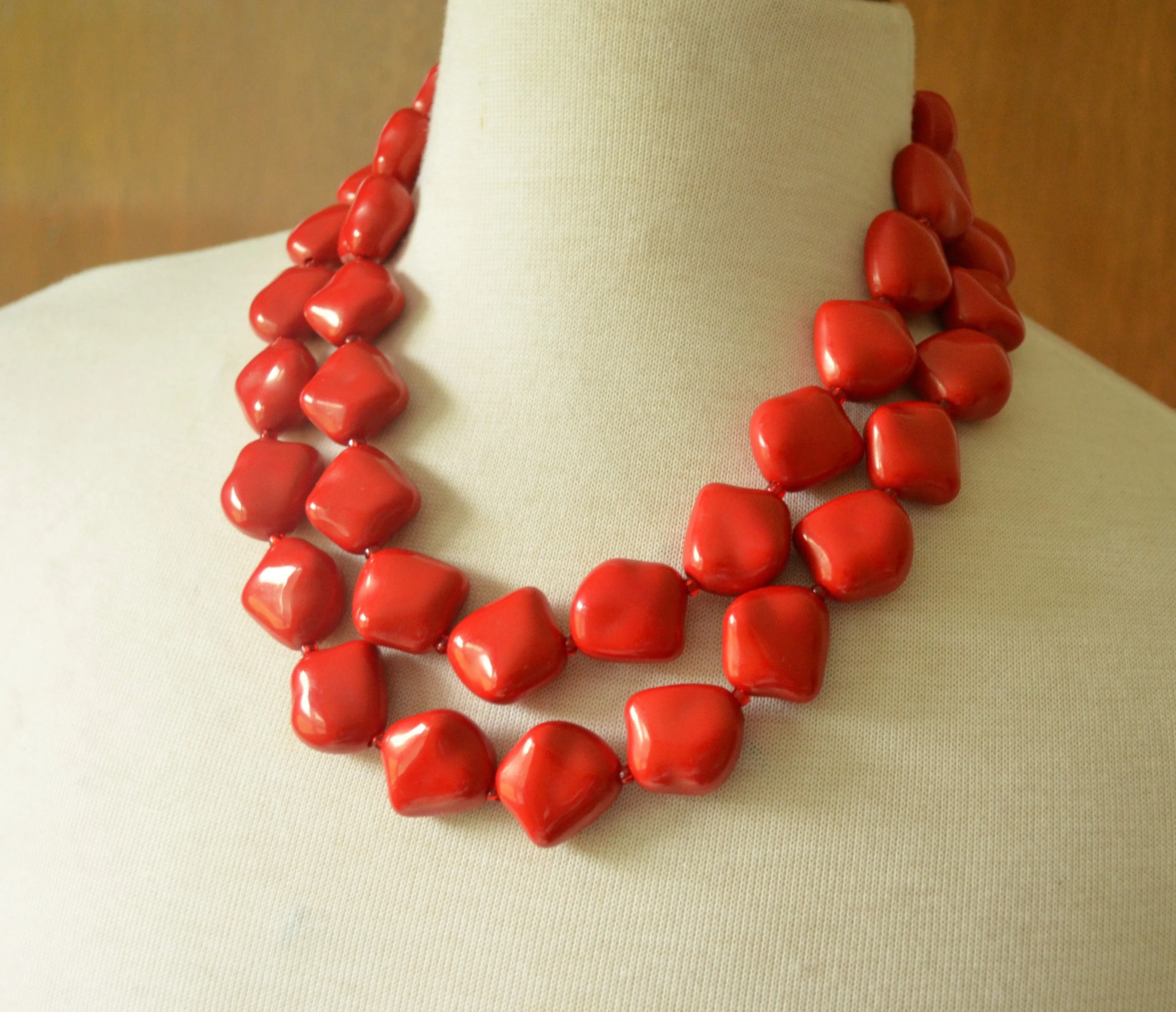 Red Acrylic Beaded Lucite Chunky Multi Strand Statement Necklace - Callie