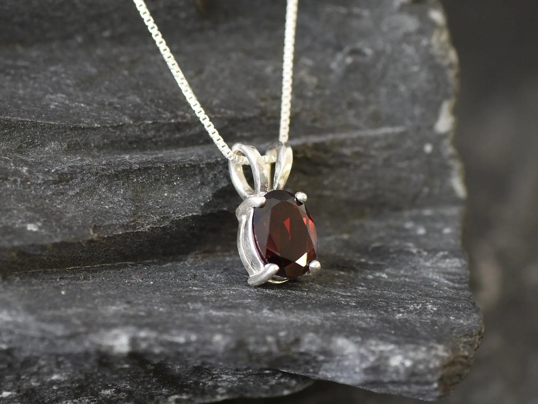 Red Garnet Pendant - Red Oval Necklace - Solitaire Garnet Necklace