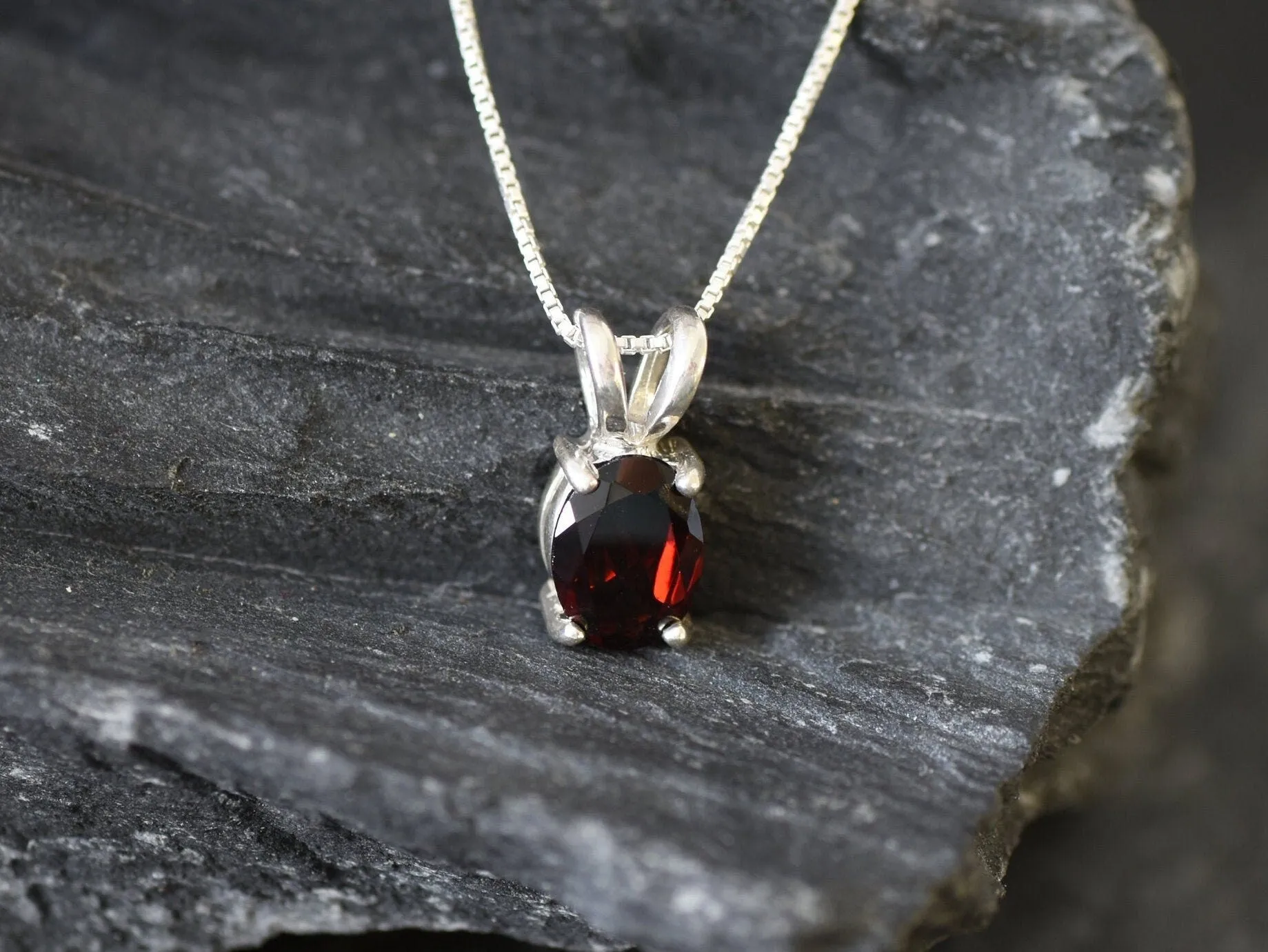 Red Garnet Pendant - Red Oval Necklace - Solitaire Garnet Necklace