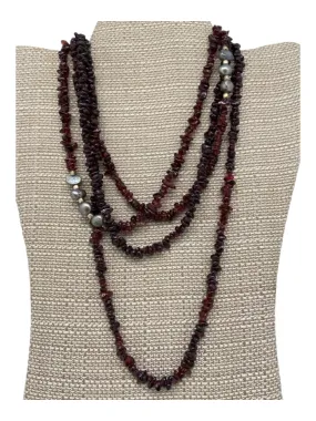 Red, Gold & Silver Garnet Chips Pearls Gold Bead Double Strand Necklace
