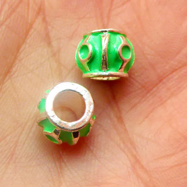 Round Beads w/ Green Enamel (2pcs) (7mm x 9mm / Silver) Metal Beads Finding Pendant DIY Bracelet Earrings Bookmark Keychains CHM386